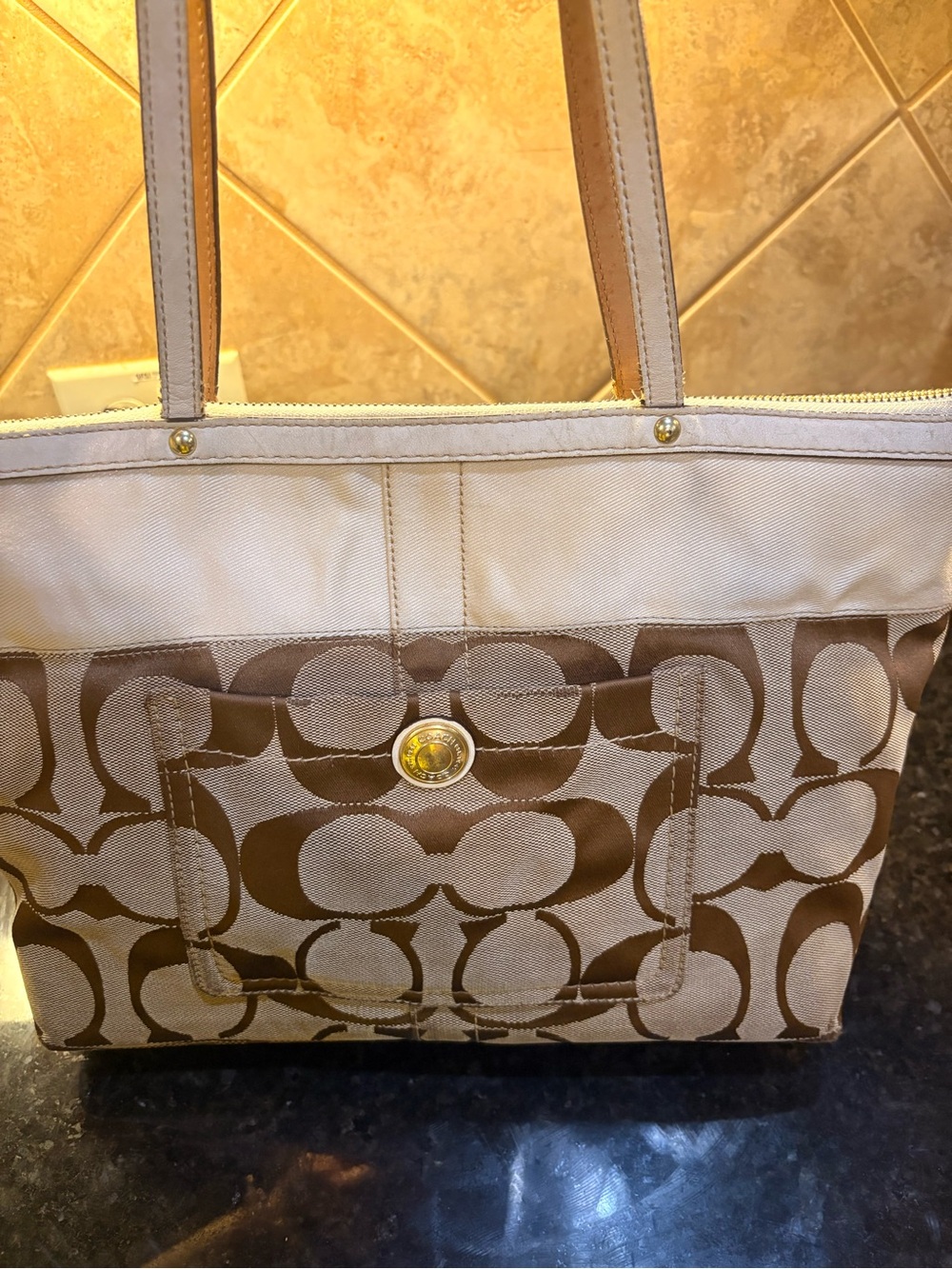 Coach Beige and Brown Signature Canvas Tote